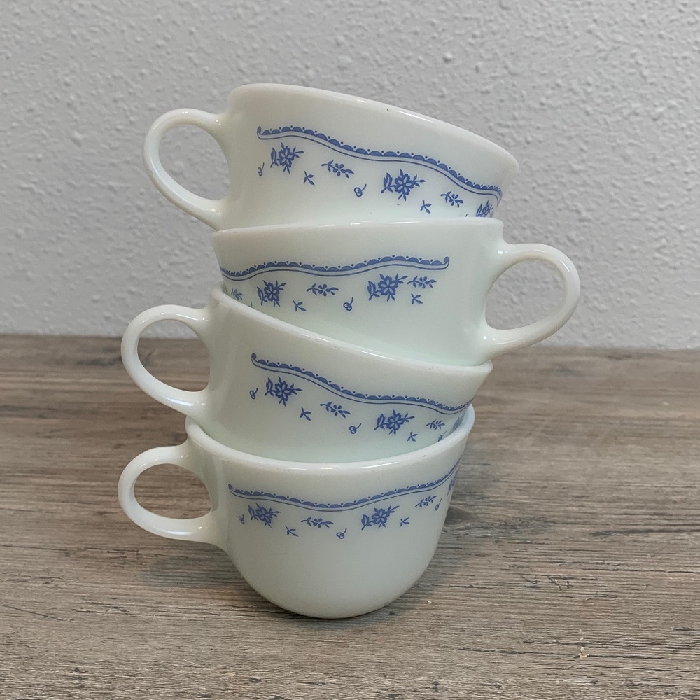 4 Vintage Pyrex Morning Blue  White Blue Flowers set